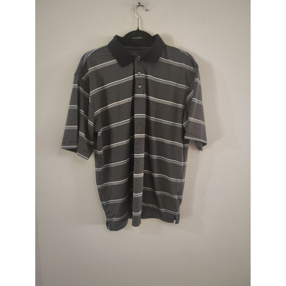 Kirkland Signature Mens Performance Polo‎ Shirt Black Grey Striped Golf Top M